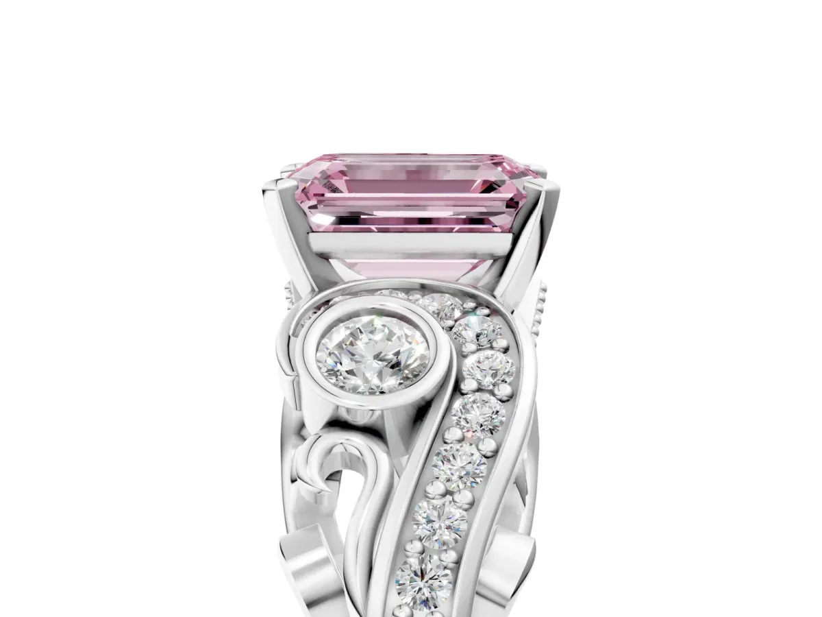 Fancy Pink Emerald Cut Diamond Solitaire Ring with Milgrain Pavé Band and Four-Prong Setting Silver