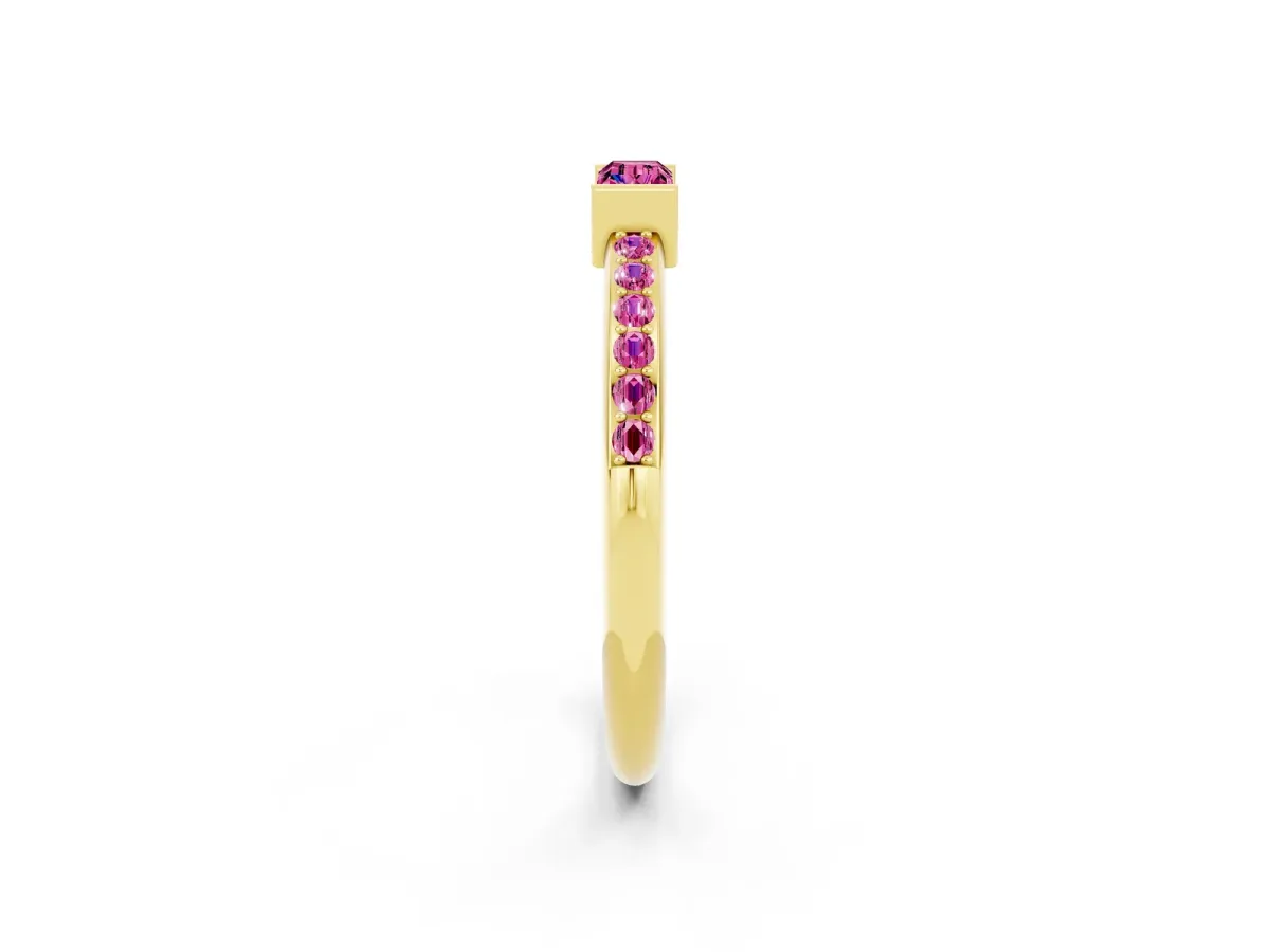Baguette Pink Sapphire Pavé Band with Bar Setting Yellow gold