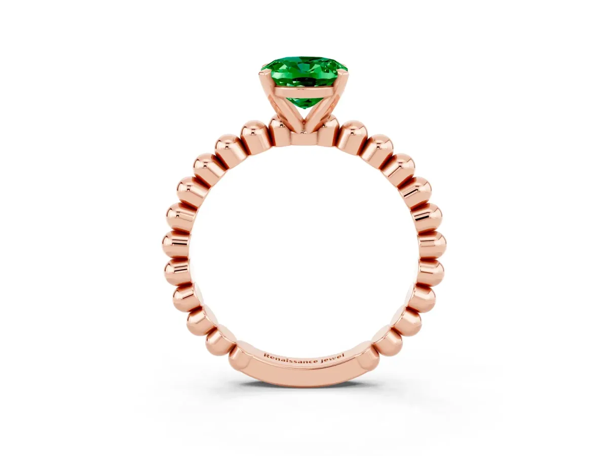Oval Cut Emerald Solitaire Ring with Beaded Band and Prong Setting Rose gold