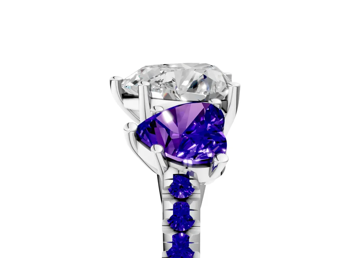 Three-Stone Heart Cut Diamond Ring with Round Tanzanite Pavé Band and Prong Setting Silver