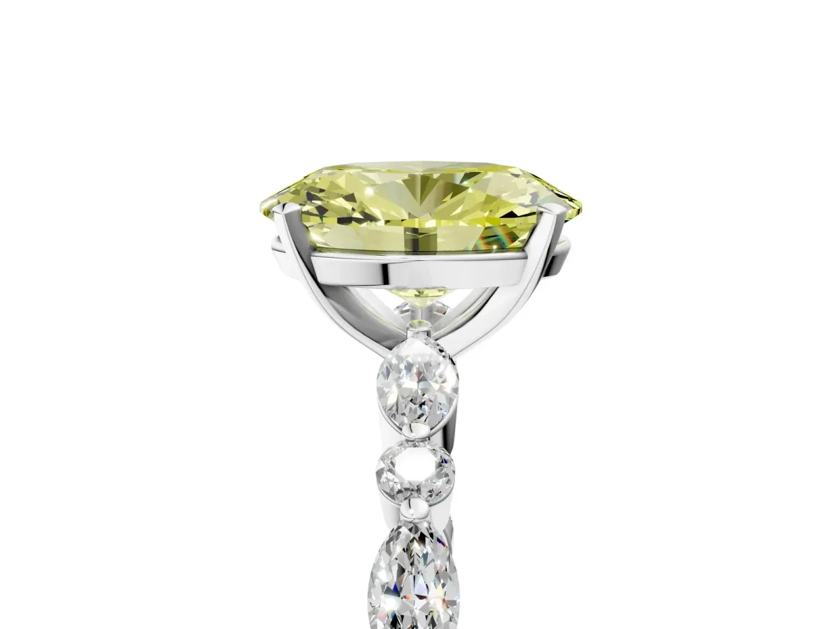 Fancy Yellow Oval Cut Diamond Ring with Marquise and Round Side Stones and Four-Prong Setting Silver