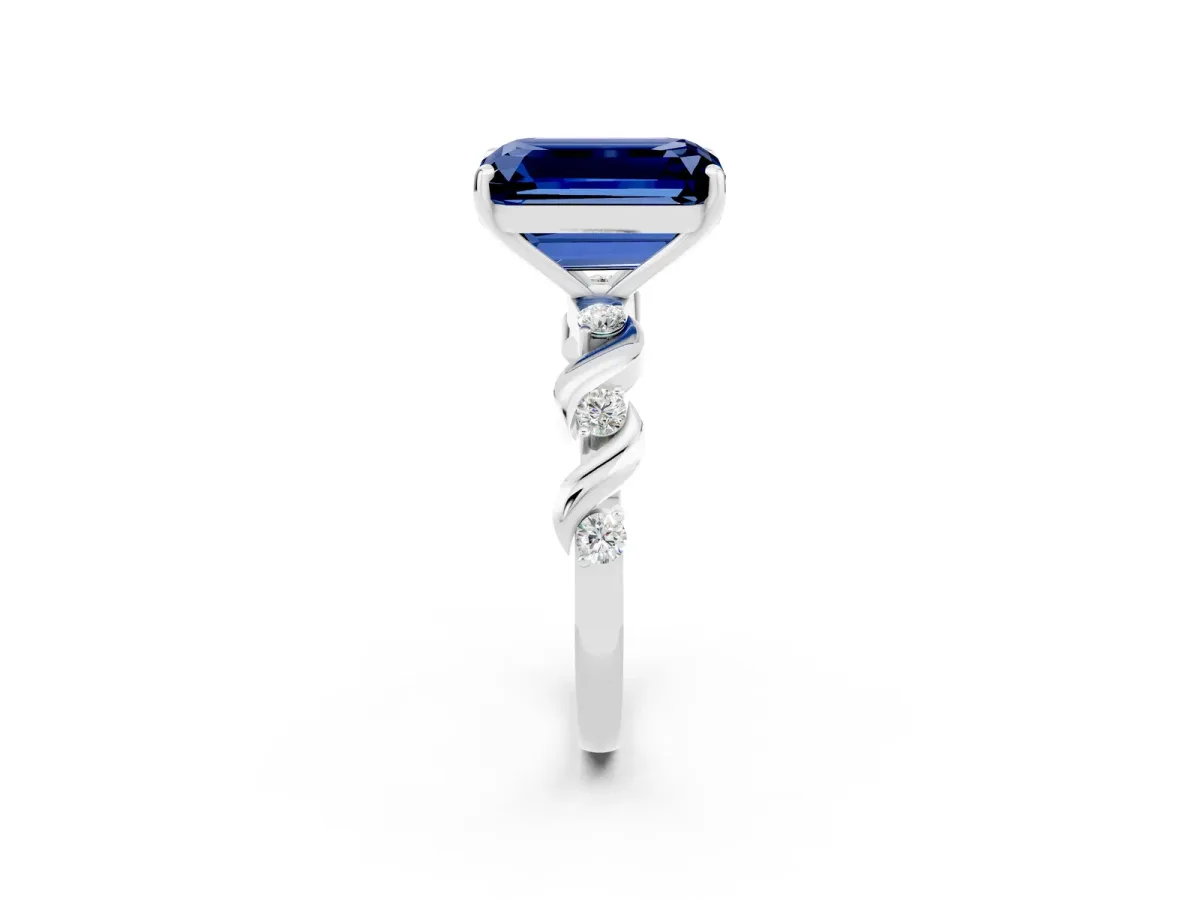 Emerald Cut Blue Sapphire Solitaire Twisted Band with Round Accents and Prong Setting Silver