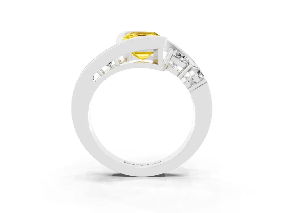 Bezel Set Emerald Cut Yellow Sapphire Bypass Ring with Round Accents Platinum