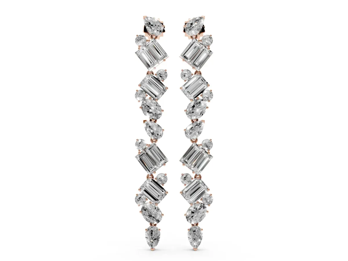 Pear, Emerald, and Round Diamond Linear Drop Earrings Rose gold