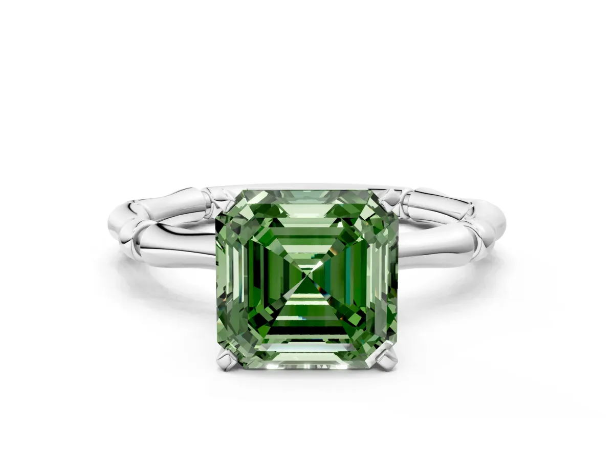 Fancy Green Asscher Cut Solitaire Diamond Ring with Bamboo Band and Four-Prong Setting Platinum