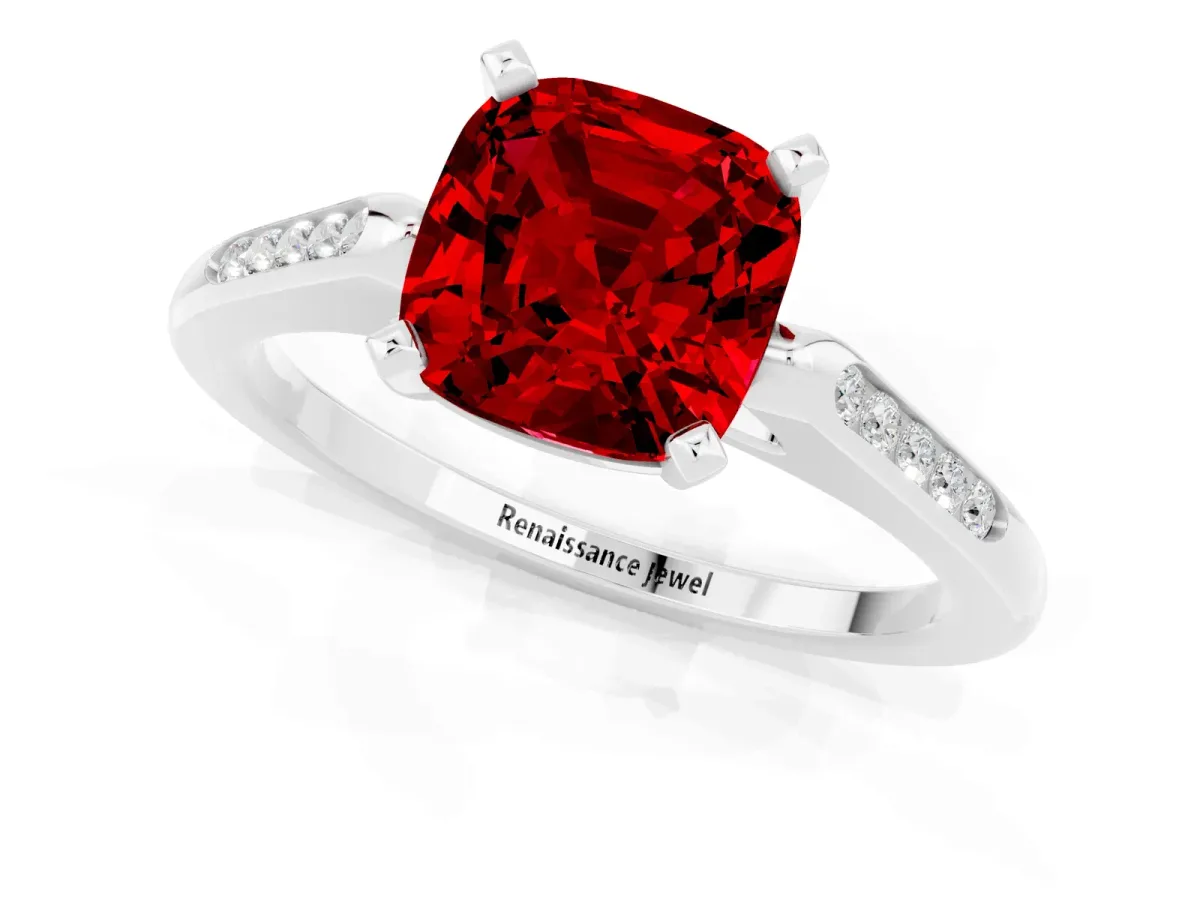 Cushion Cut Ruby Solitaire Ring with Channel Set Round Band and Prong Setting White gold