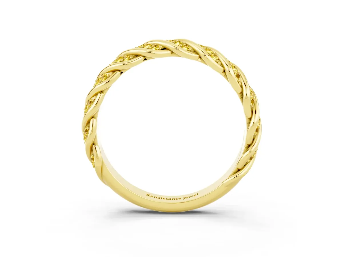 Twisted Pavé Round Yellow Sapphire Eternity Band with Shared Prong Setting Yellow gold