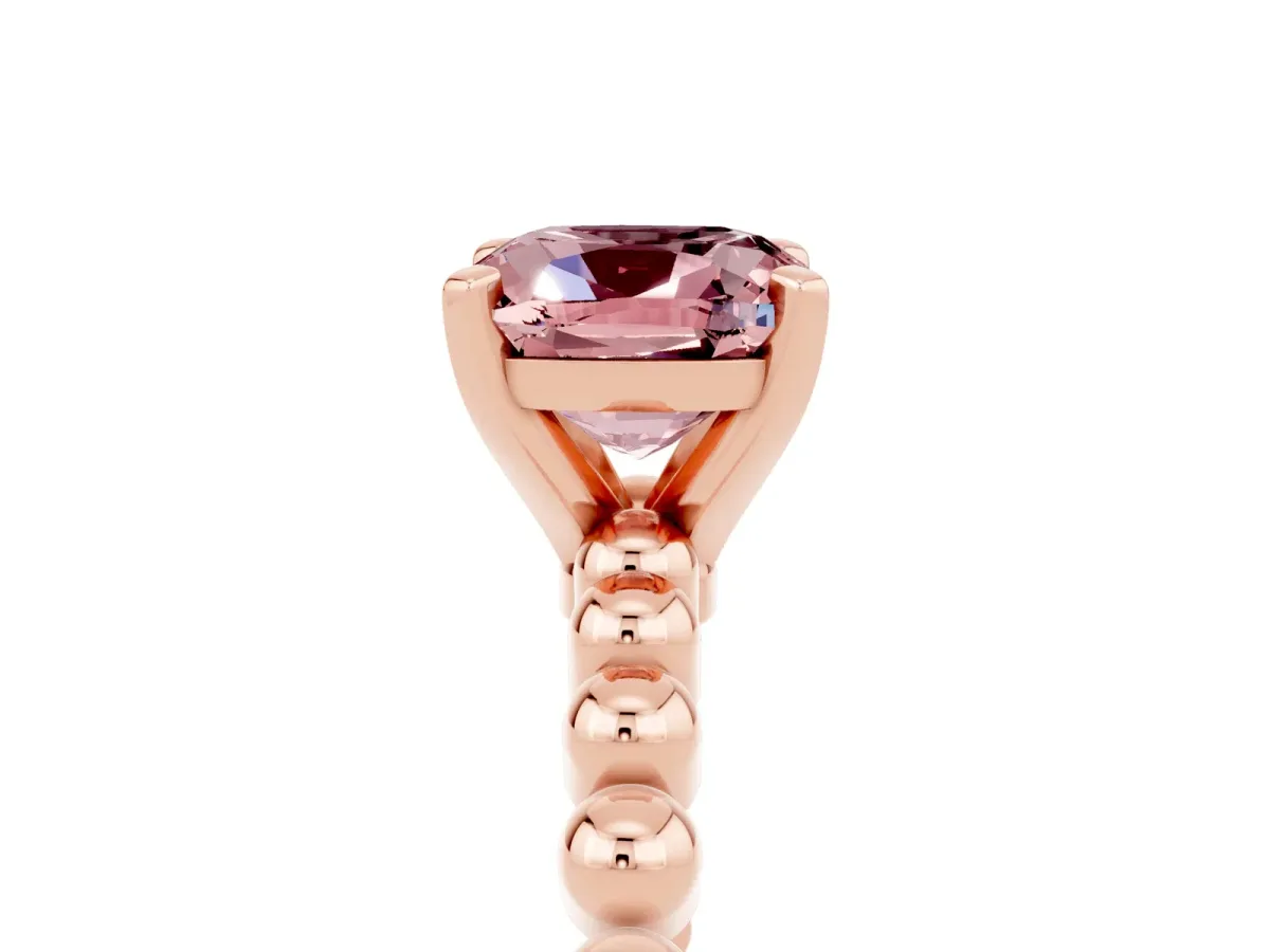 Cushion Cut Morganite Solitaire Ring with Beaded Band and Prong Setting Rose gold
