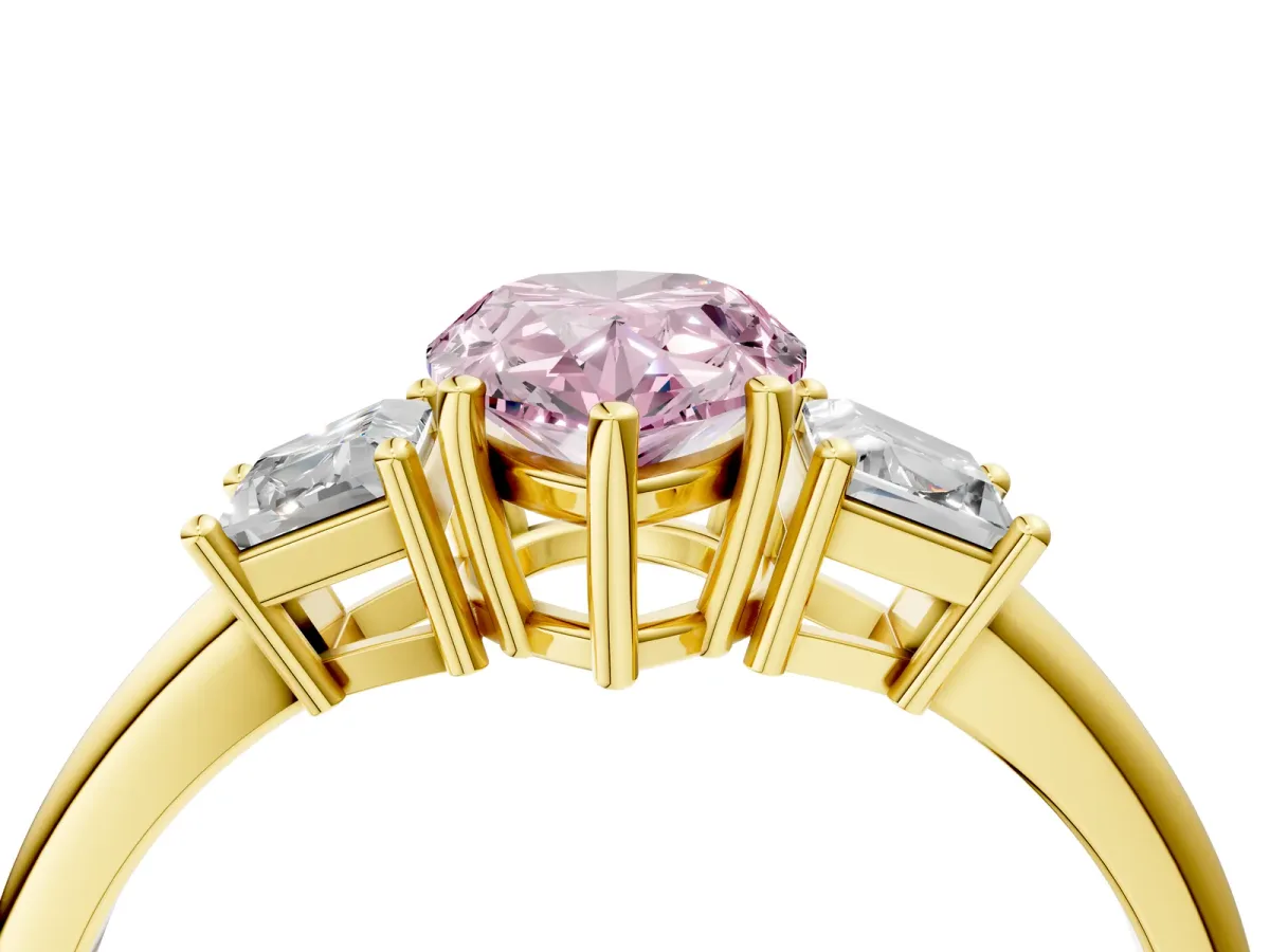 Fancy Pink Pear Cut Diamond Three-Stone Ring with Trapezoid Side Stones and Prong Setting Yellow gold