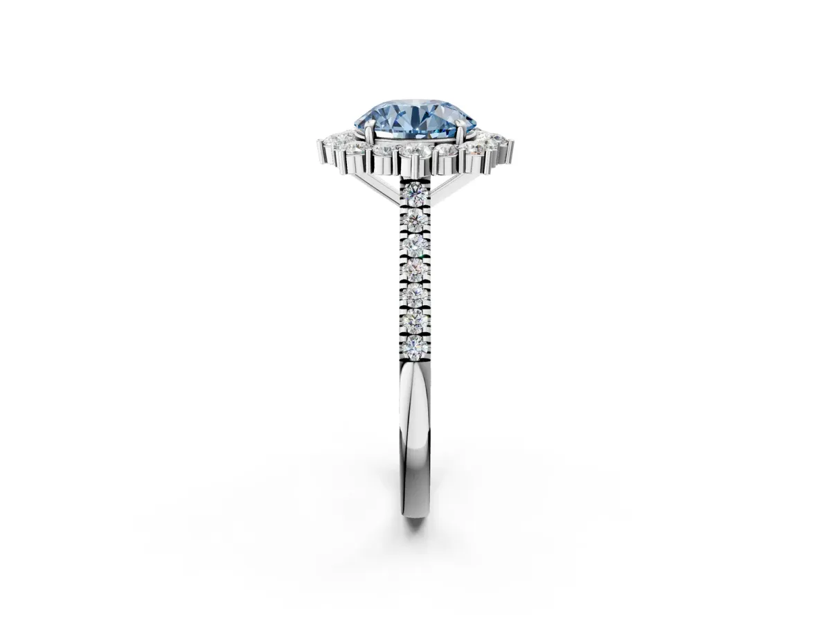 Fancy Blue Round Cut Halo Diamond Ring with Pavé Band and Prong Setting Silver