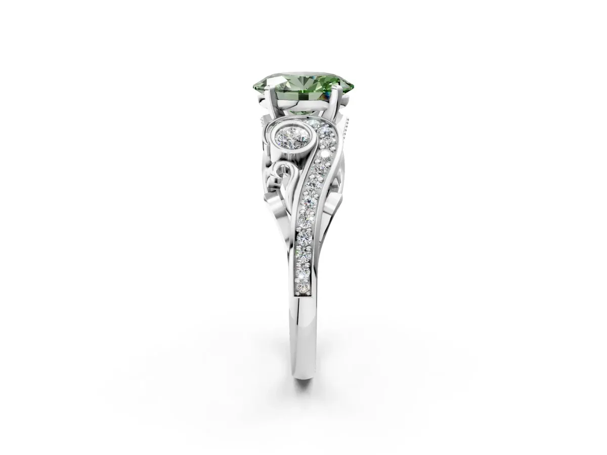 Fancy Green Oval Cut Diamond Solitaire Ring with Milgrain Pavé Band and Four-Prong Setting Silver