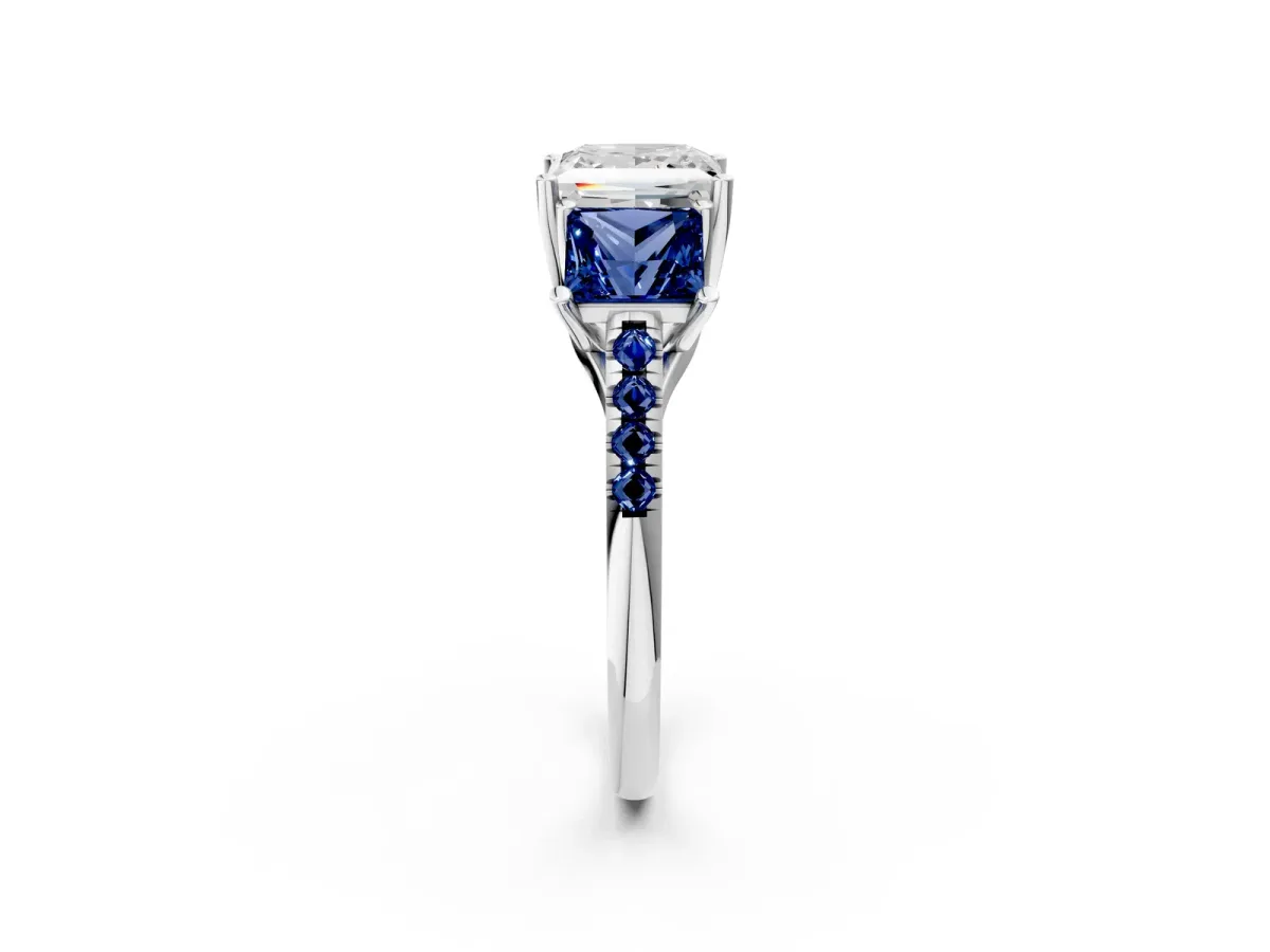 Three-Stone Princess Cut Diamond Ring with Round Blue Sapphire Pavé Band and Prong Setting Silver