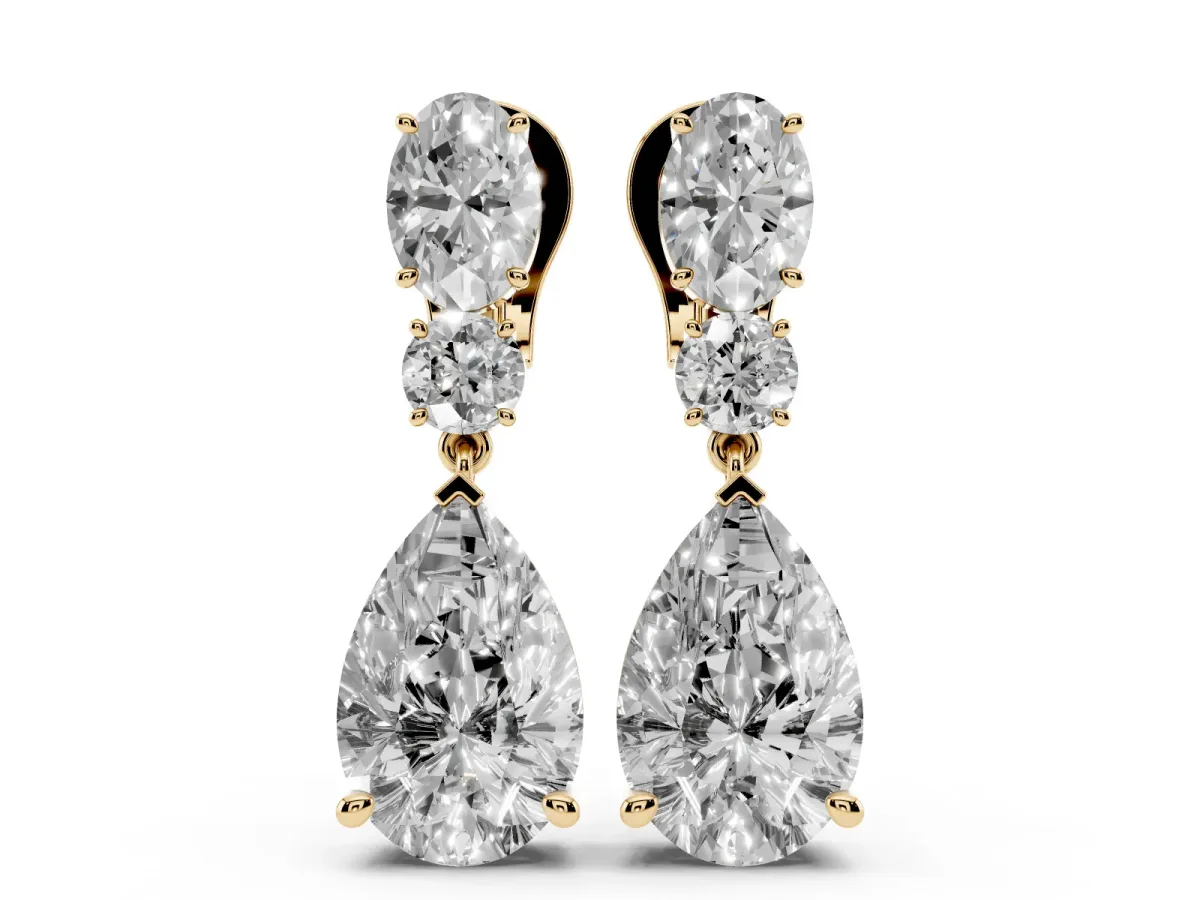 Oval, Round and Pear Diamond Huggie Drop Earrings Yellow gold