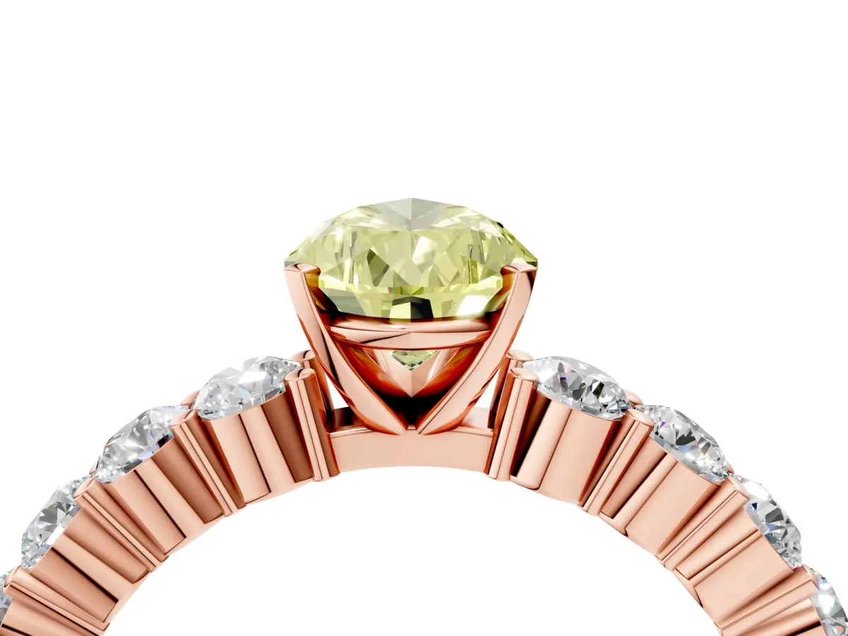 Fancy Yellow Pear Cut Diamond Solitaire Ring with Shared Prong Round Side Stones Rose gold