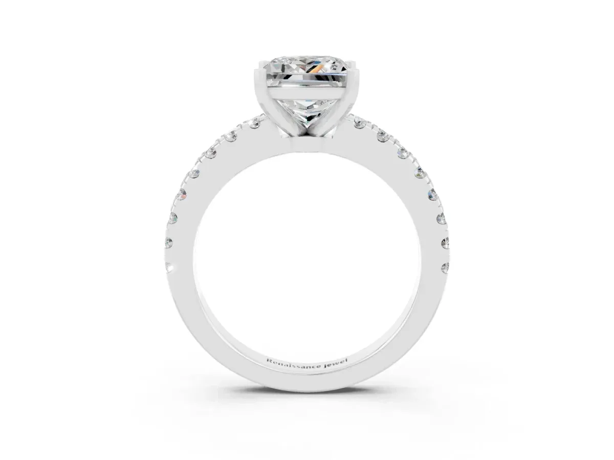 Princess Cut Solitaire Moissanite with Pavé Band and Four-Prong Setting Silver