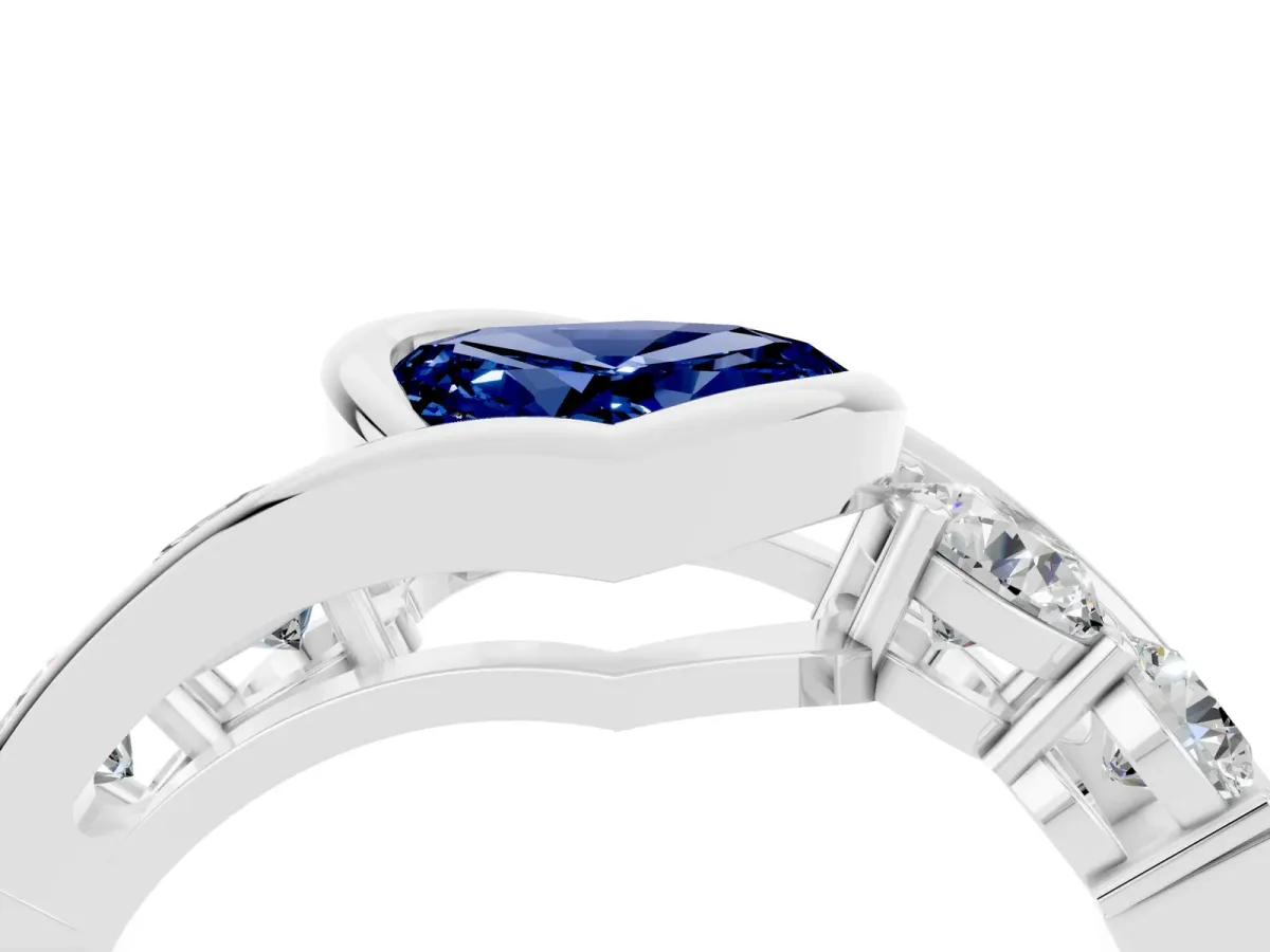Bezel Set Heart Cut Blue Sapphire Bypass Ring with Round Accents Silver