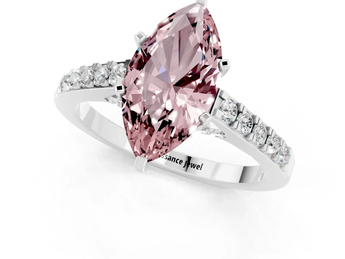 Marquise Cut Morganite Solitaire Ring with Crossover Gallery and Round Pavé Band Silver