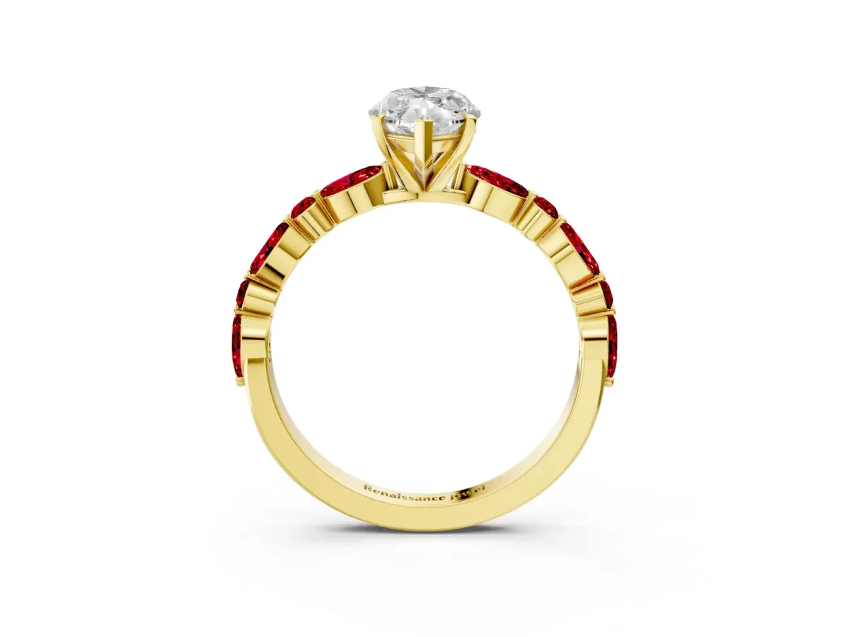 Marquise Cut Diamond Ring with Marquise and Round Ruby Side Stones and Four-Prong Setting Yellow gold