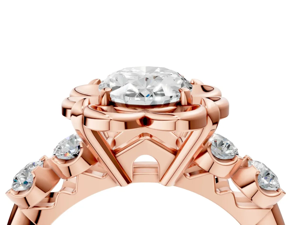 Oval Cut Cut Diamond Floral Halo Engagement Ring with Shared Prong Setting Rose gold