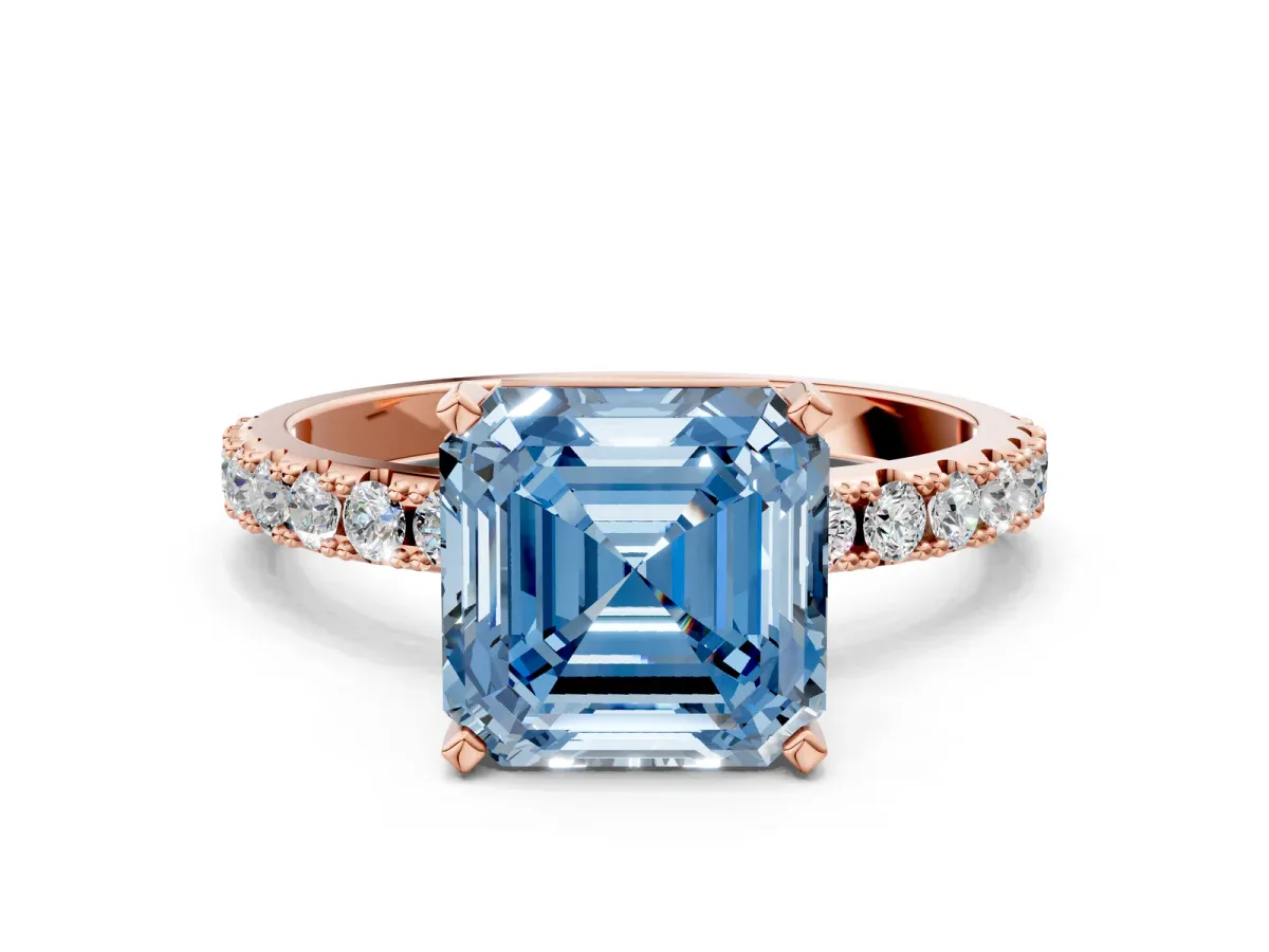 Fancy Blue Asscher Cut Diamond Solitaire Pavé Band with Four-Prong Setting Rose gold