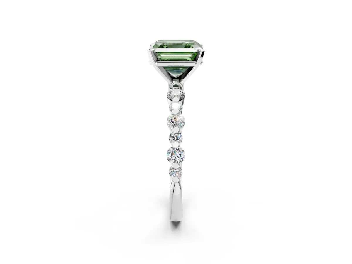Fancy Green Asscher Cut Diamond Prong Set Engagement Ring with Pavé Band Platinum