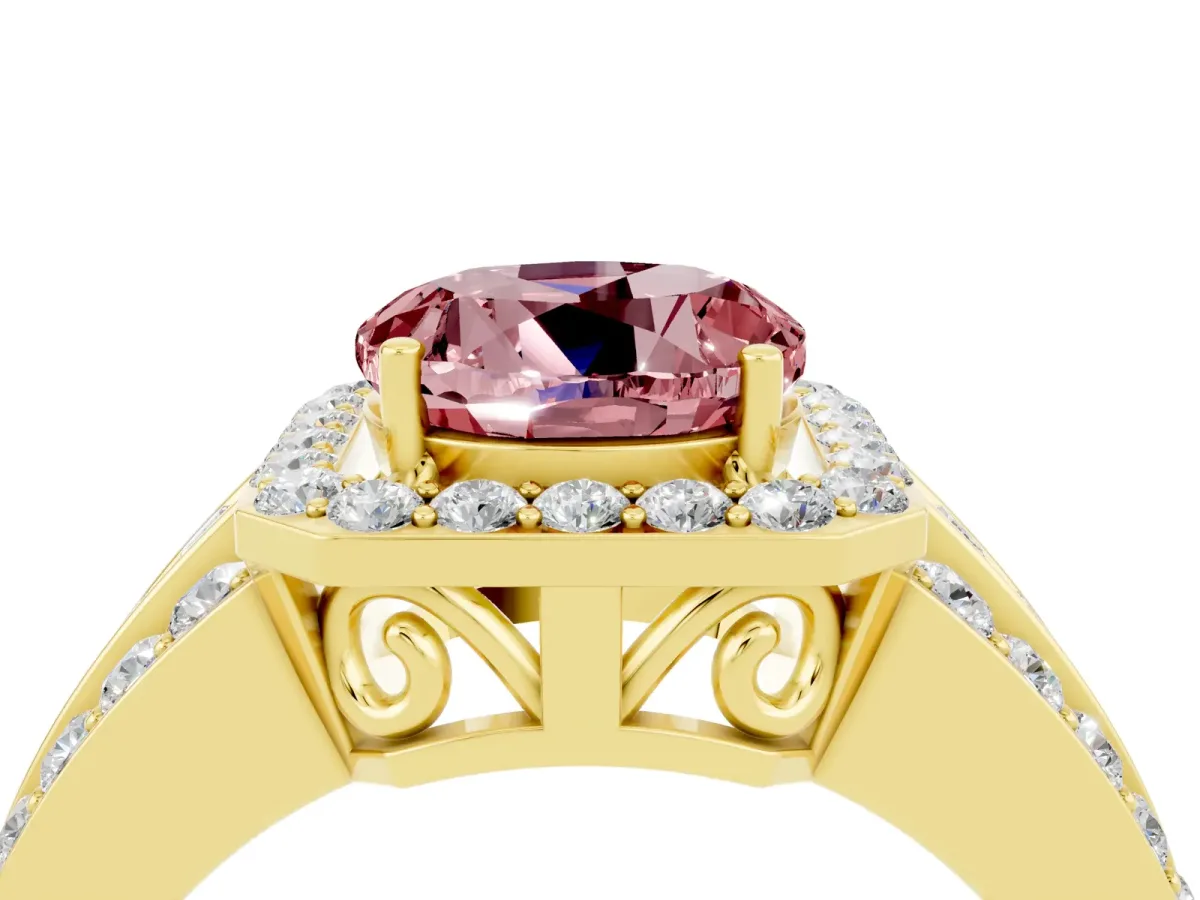 Round Cut Halo Morganite Ring with Round Split Shank and Prong Setting Yellow gold