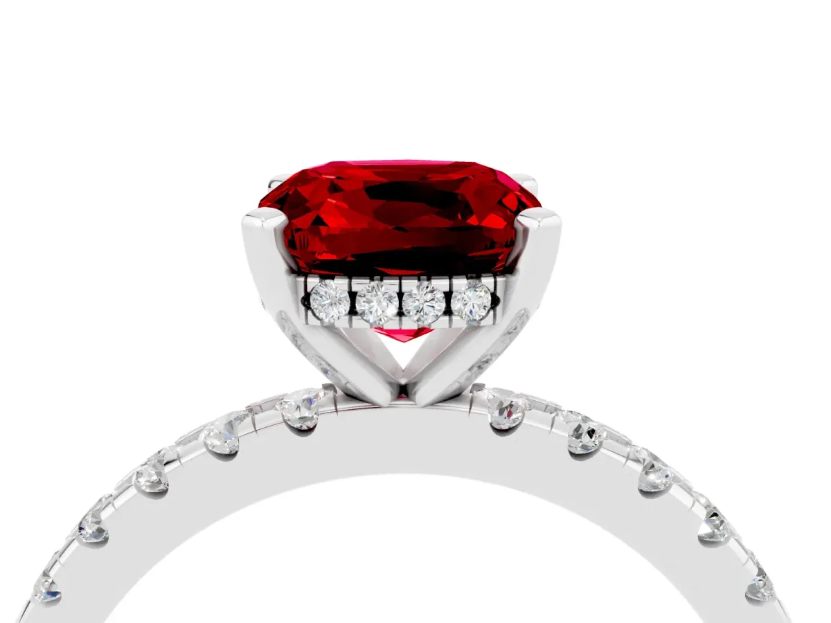 Cushion Cut Ruby Solitaire Ring with Round Pavé Band and Four-Prong Setting Platinum