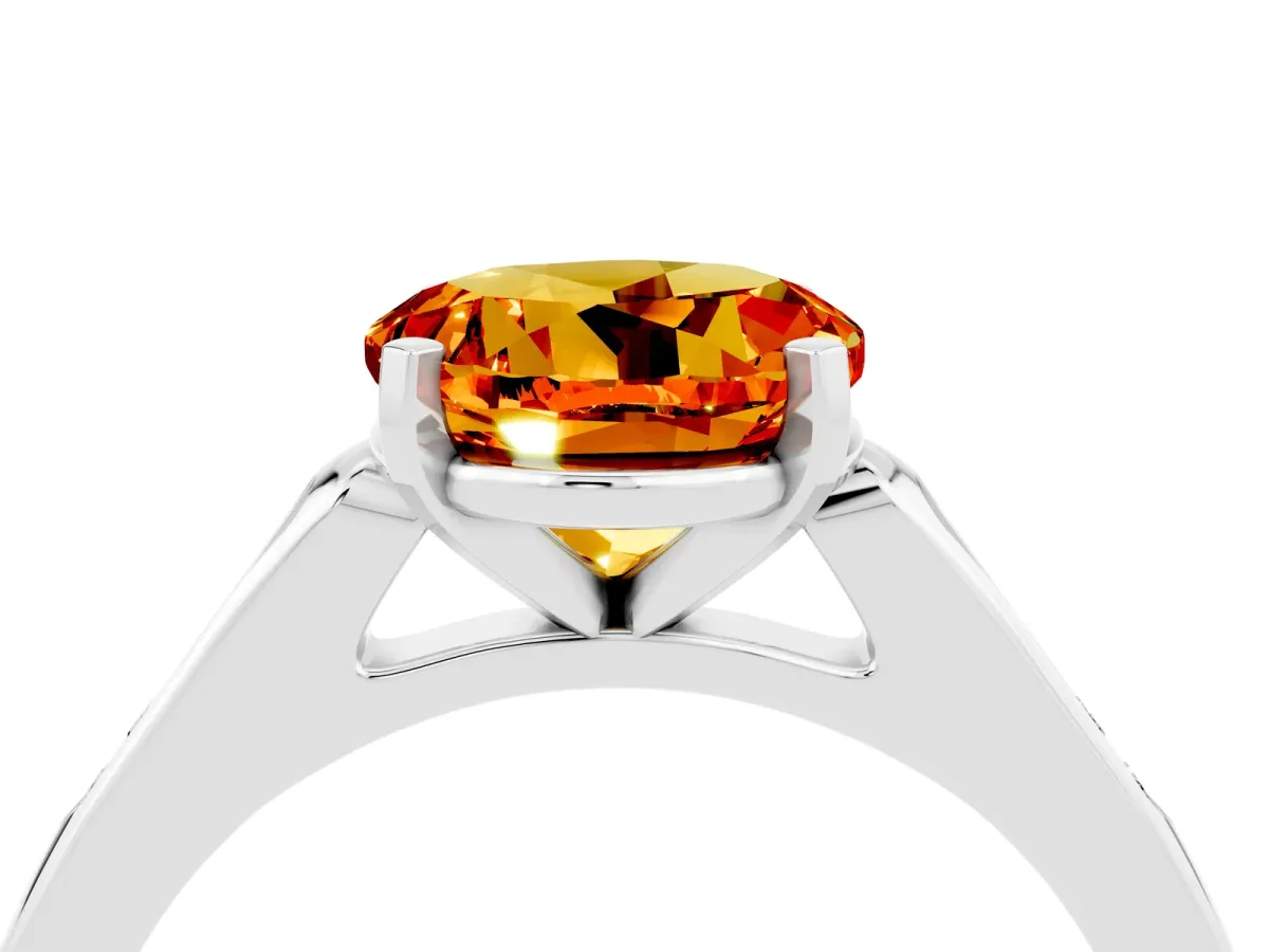 Round Cut Citrine Solitaire Ring with Channel Set Round Band and Prong Setting Platinum