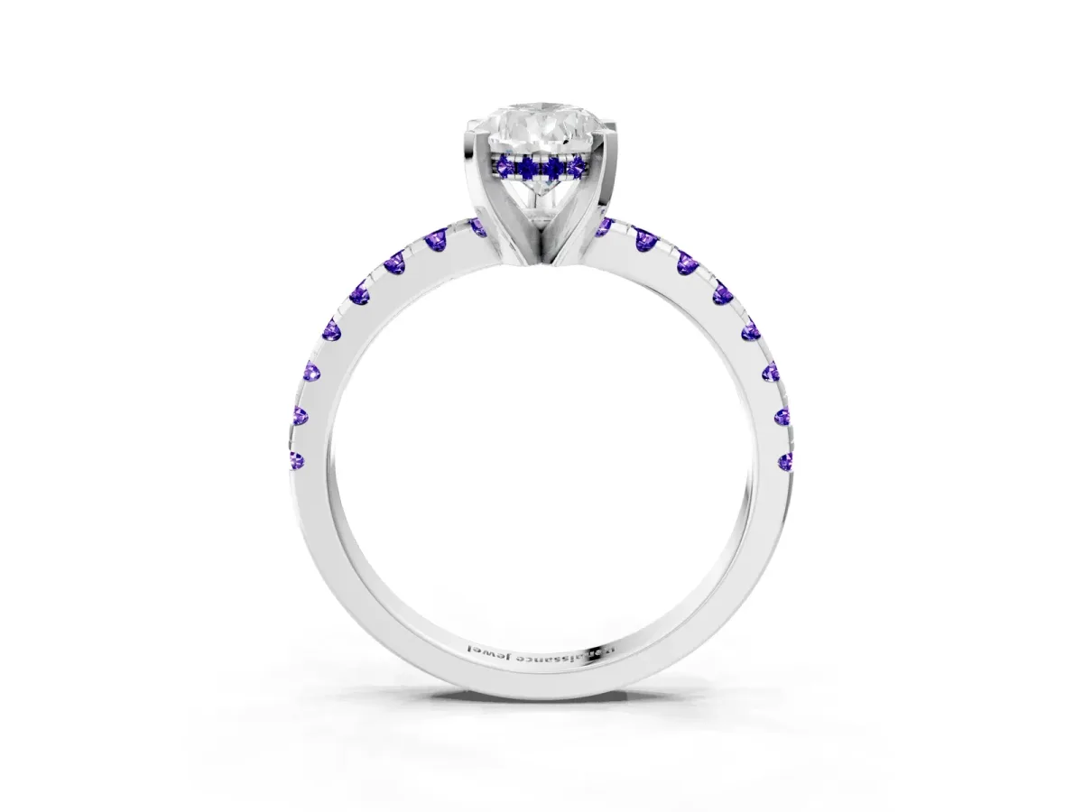 Pear Cut Diamond Solitaire Ring with Round Tanzanite Pavé Band and Four-Prong Setting Silver