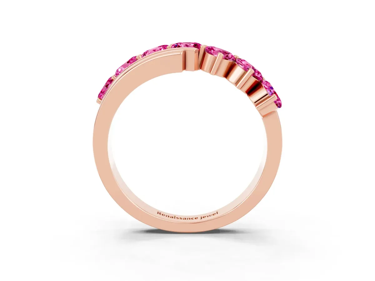 Round Pink Sapphire Wave Band with Channel and Shared Prong Setting Rose gold