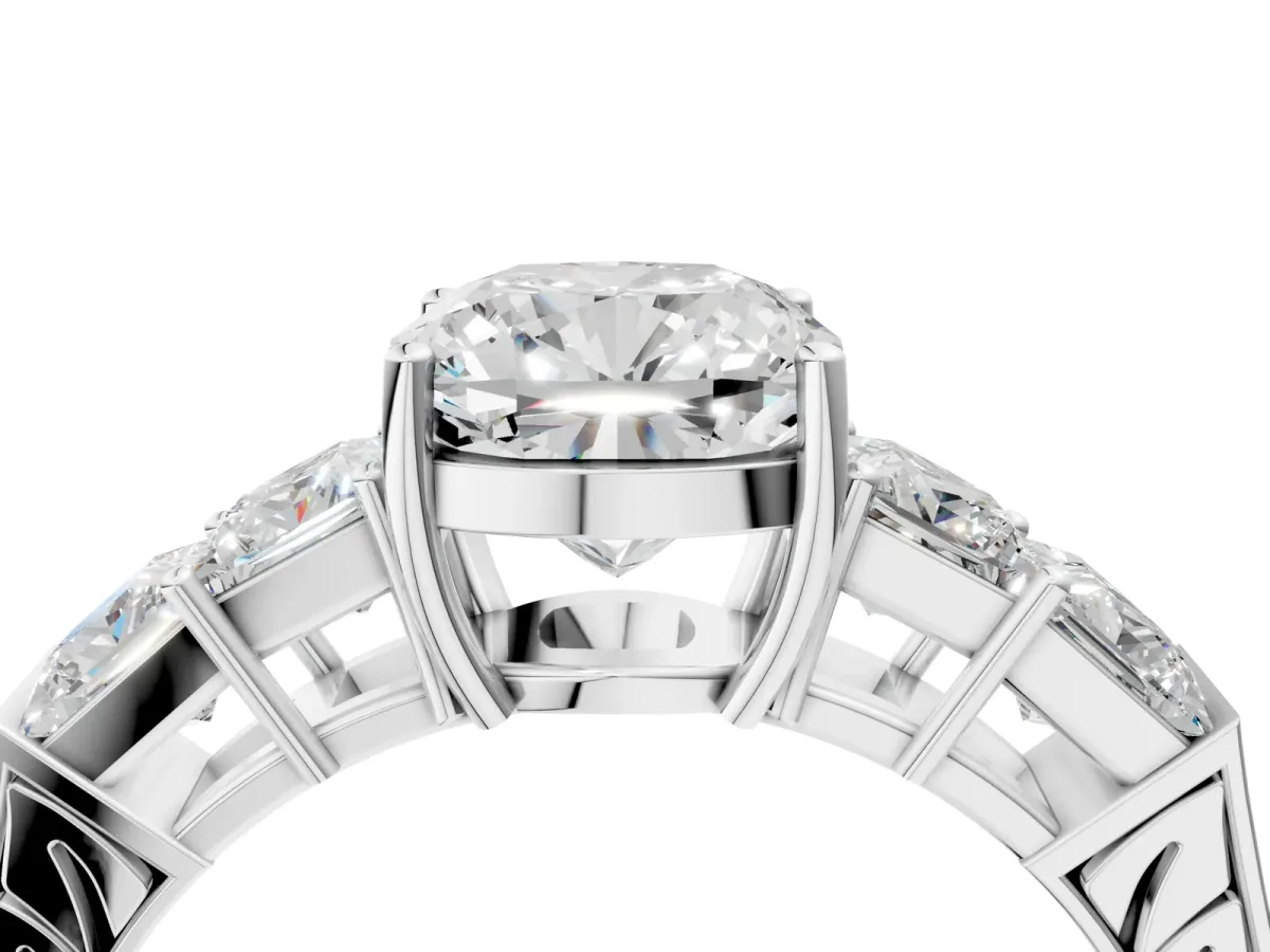 Cushion Cut Solitaire Princess Side Stone Engraved Band Prong Setting Ring Silver