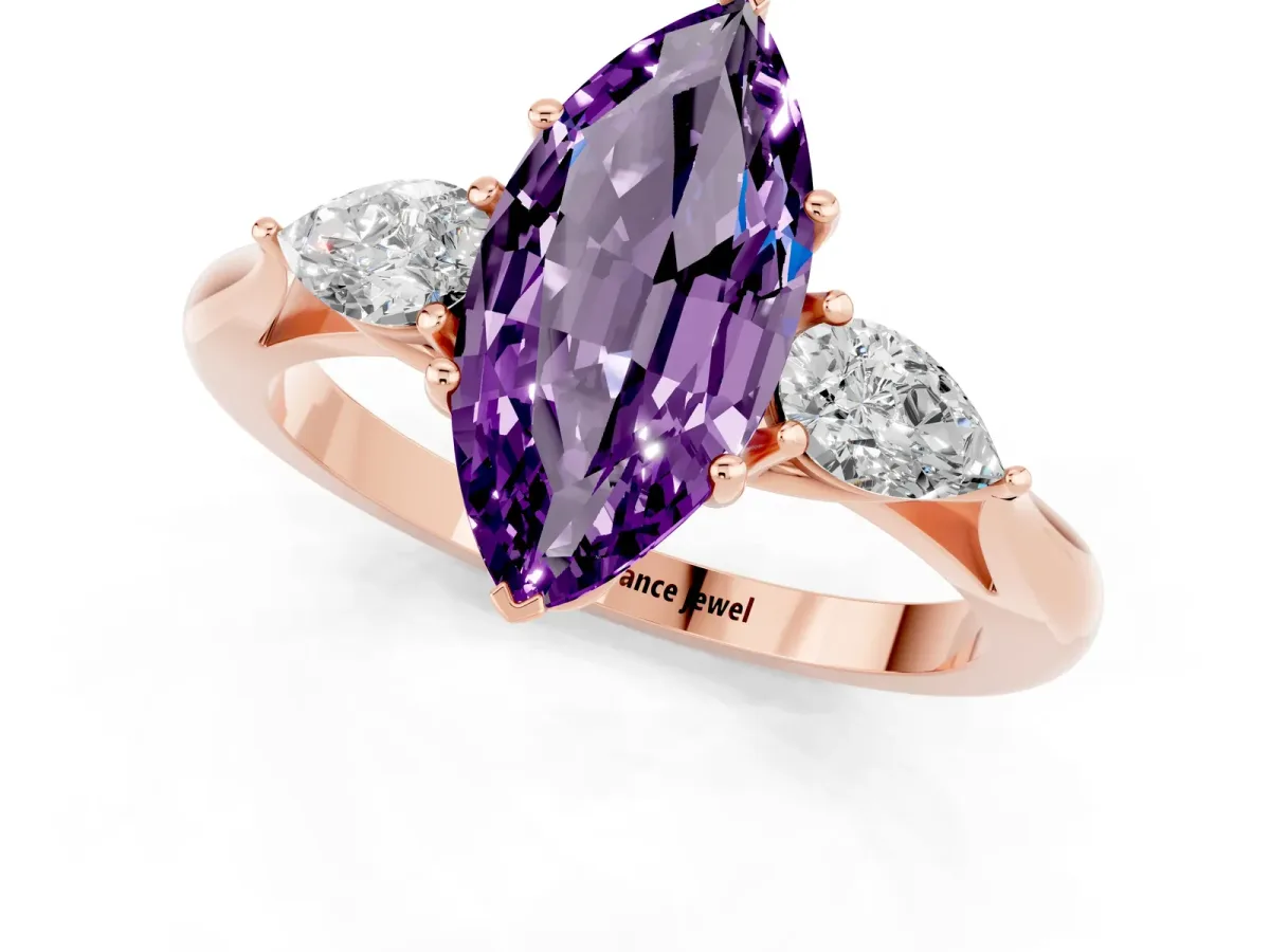Marquise Cut Amethyst Three-Stone Ring with Pear Side Stones and Prong Setting Rose gold