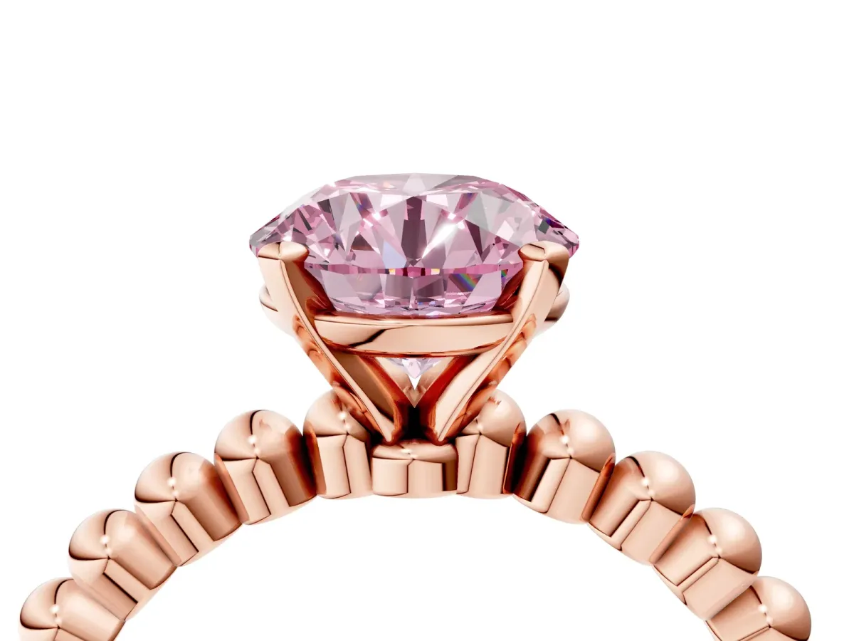 Fancy Pink Round Cut Diamond Solitaire Ring with Beaded Band and Prong Setting Rose gold