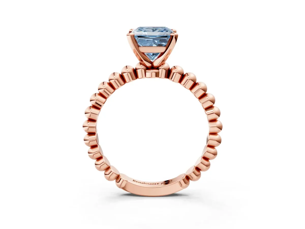 Fancy Blue Princess Cut Diamond Solitaire Ring with Beaded Band and Prong Setting Rose gold