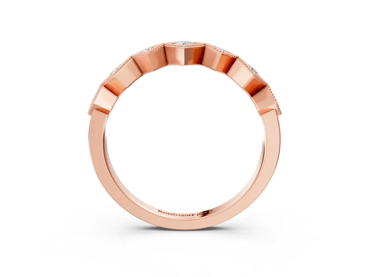 Milgrain Square Bezel Round Diamond Chevron Band Rose gold