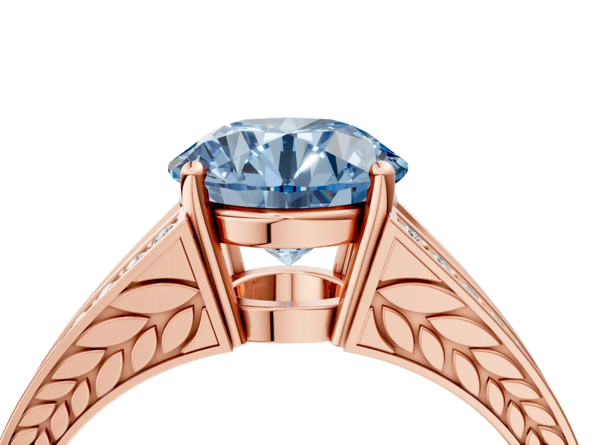 Fancy Blue Round Cut Diamond Split Shank Ring with Pavé Band and Four-Prong Setting Rose gold
