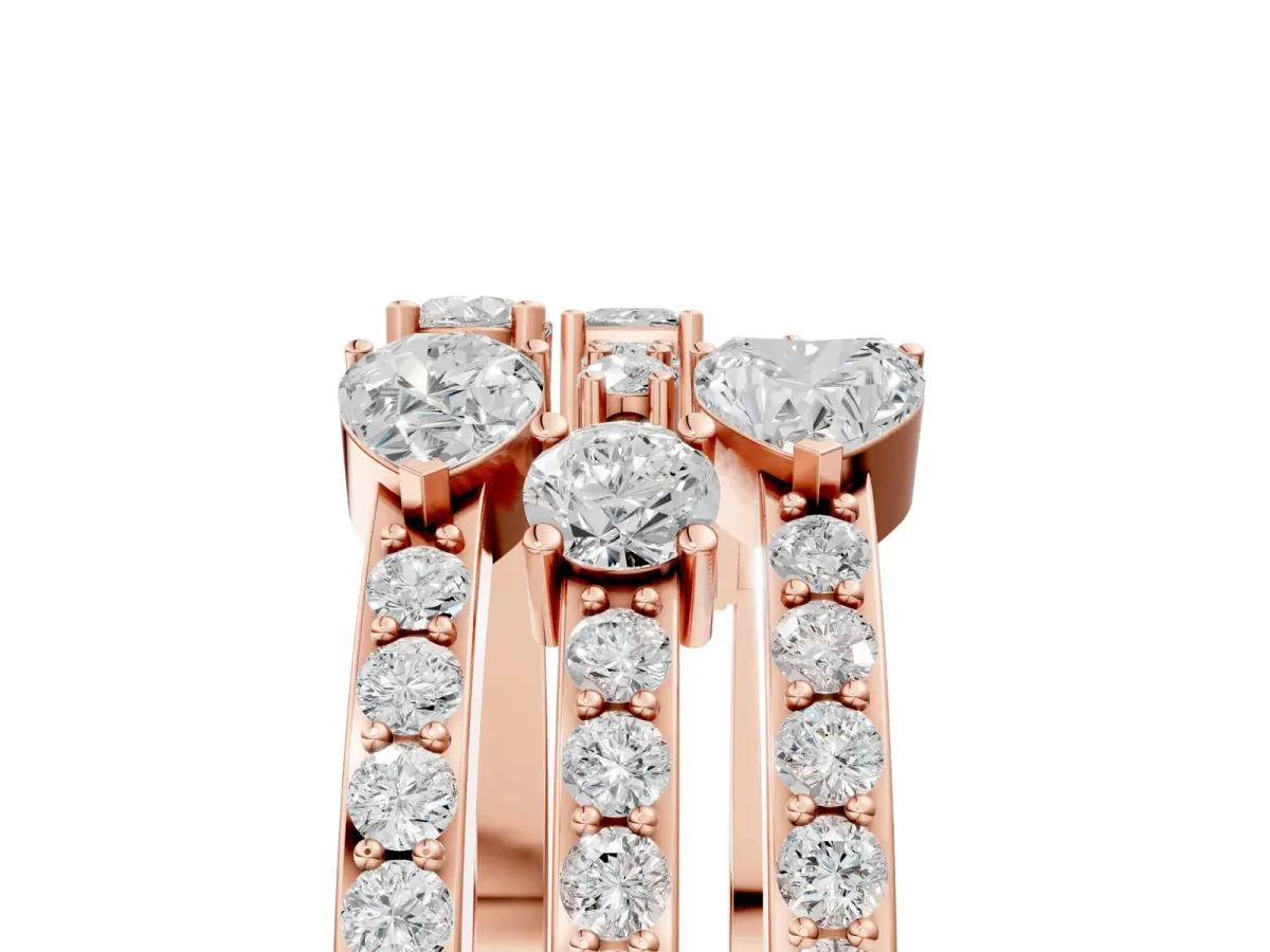 Mixed Shape Diamond Multi Row Promise Ring with Round Diamond Accents Rose gold
