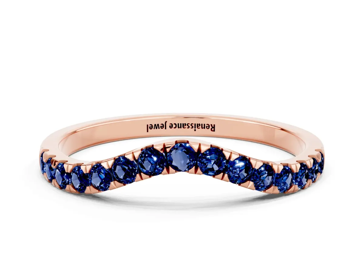 Curved Pavé Round Blue Sapphire Wedding Band with Shared Prong Setting Rose gold