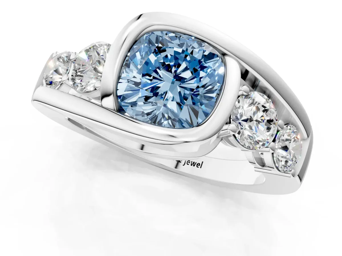Fancy Blue Bezel Set Cushion Cut Diamond Bypass Ring with Round Accents Silver