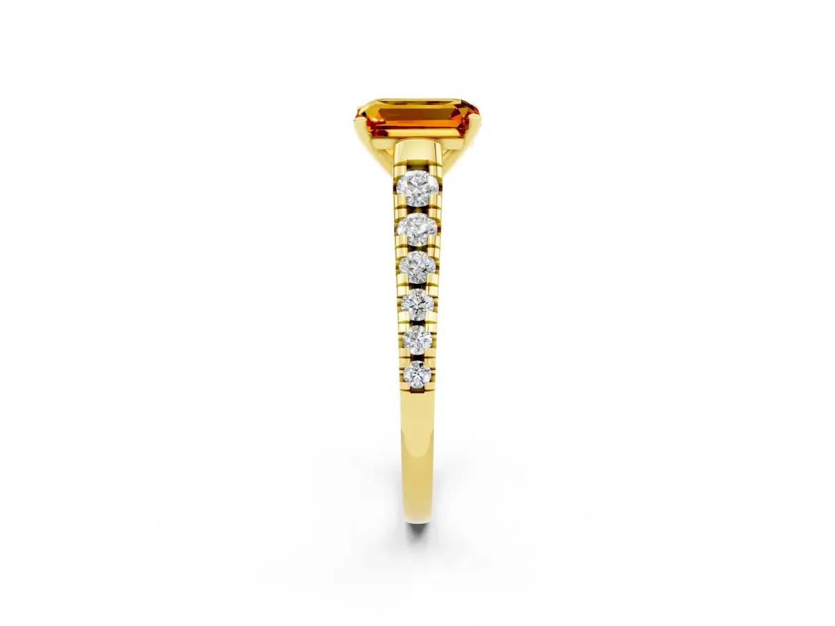 Emerald Cut Citrine Cathedral Solitaire Ring with Round Pavé Band Yellow gold