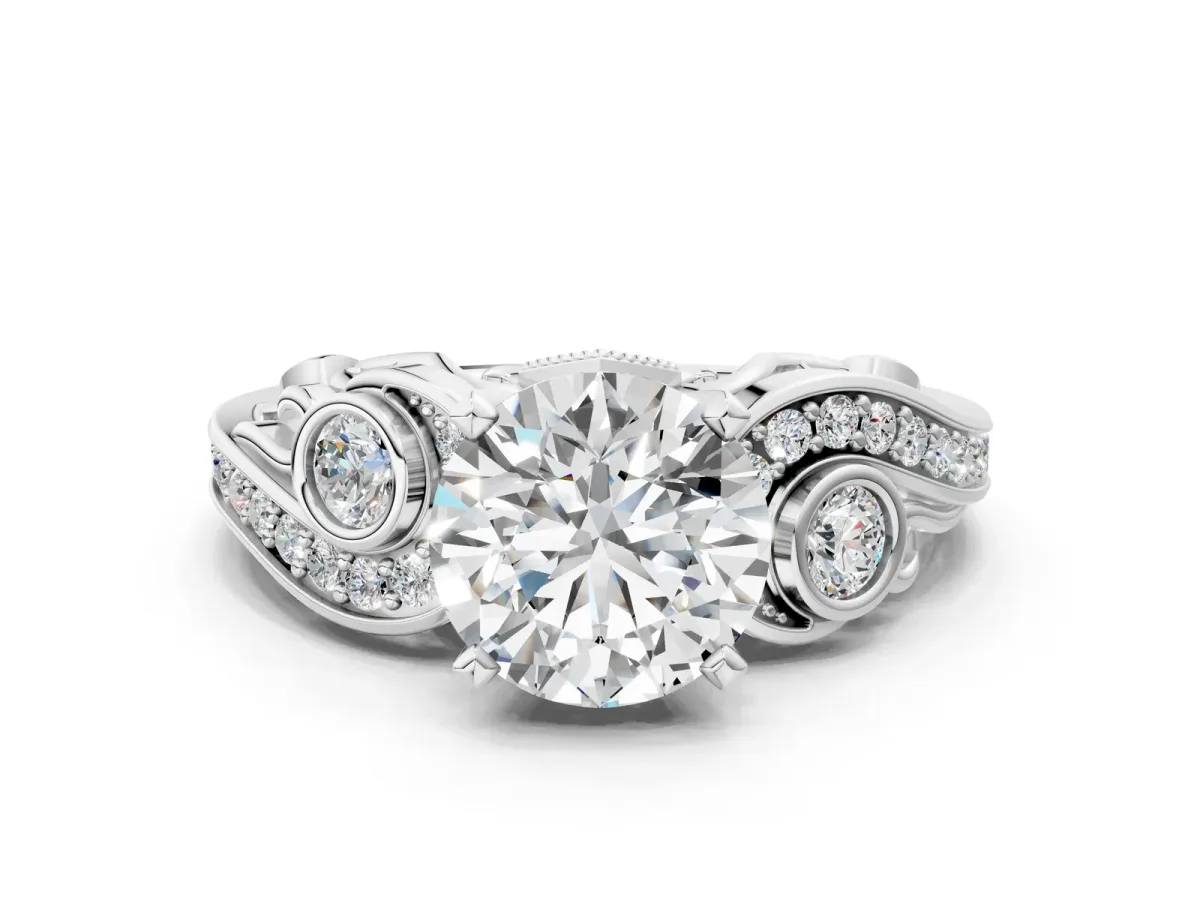 Round Cut Diamond Solitaire Ring with Milgrain Pavé Band and Four-Prong Setting Silver