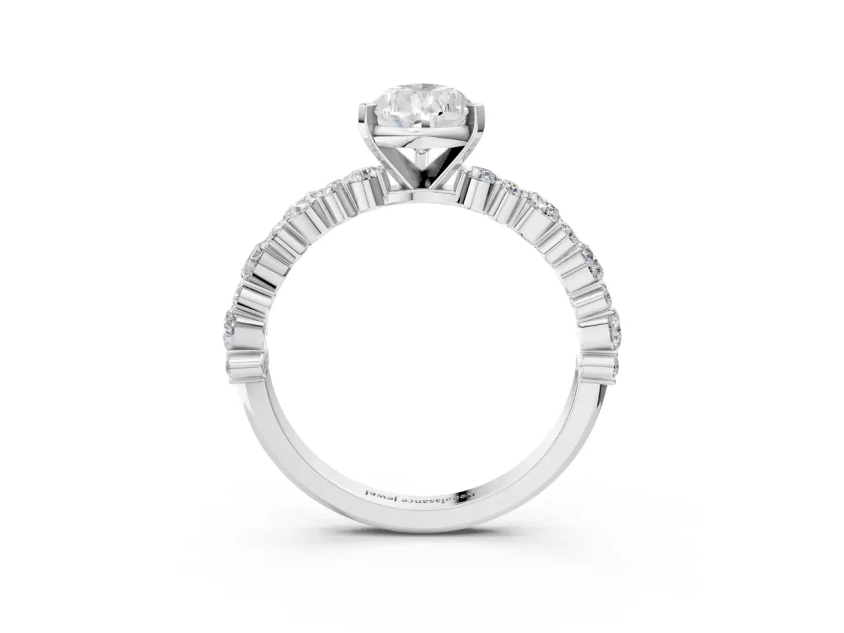 Pear Cut Diamond Side Stone Solitaire Ring with Round and Four-Prong Setting White gold