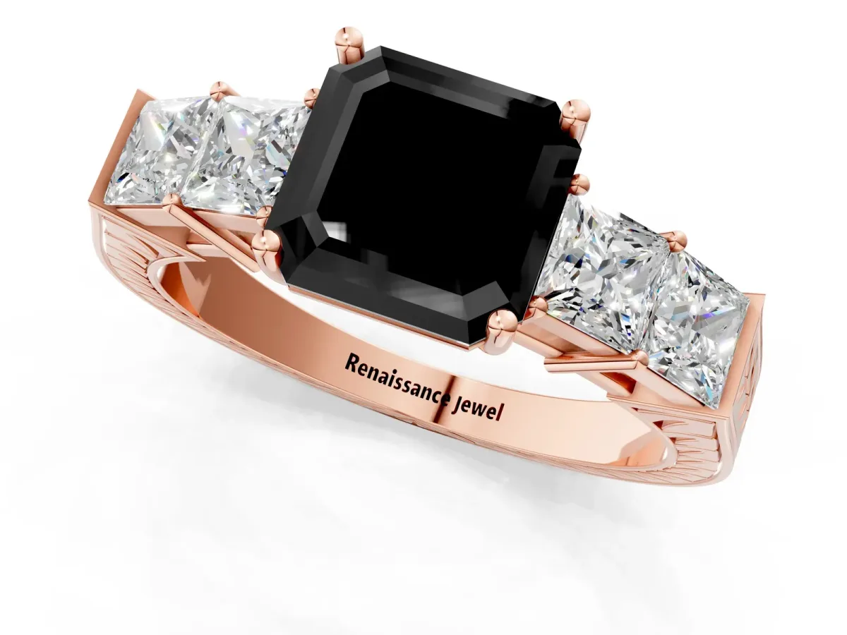 Fancy Black Asscher Cut Solitaire Princess Side Stone Engraved Band Prong Setting Ring Rose gold