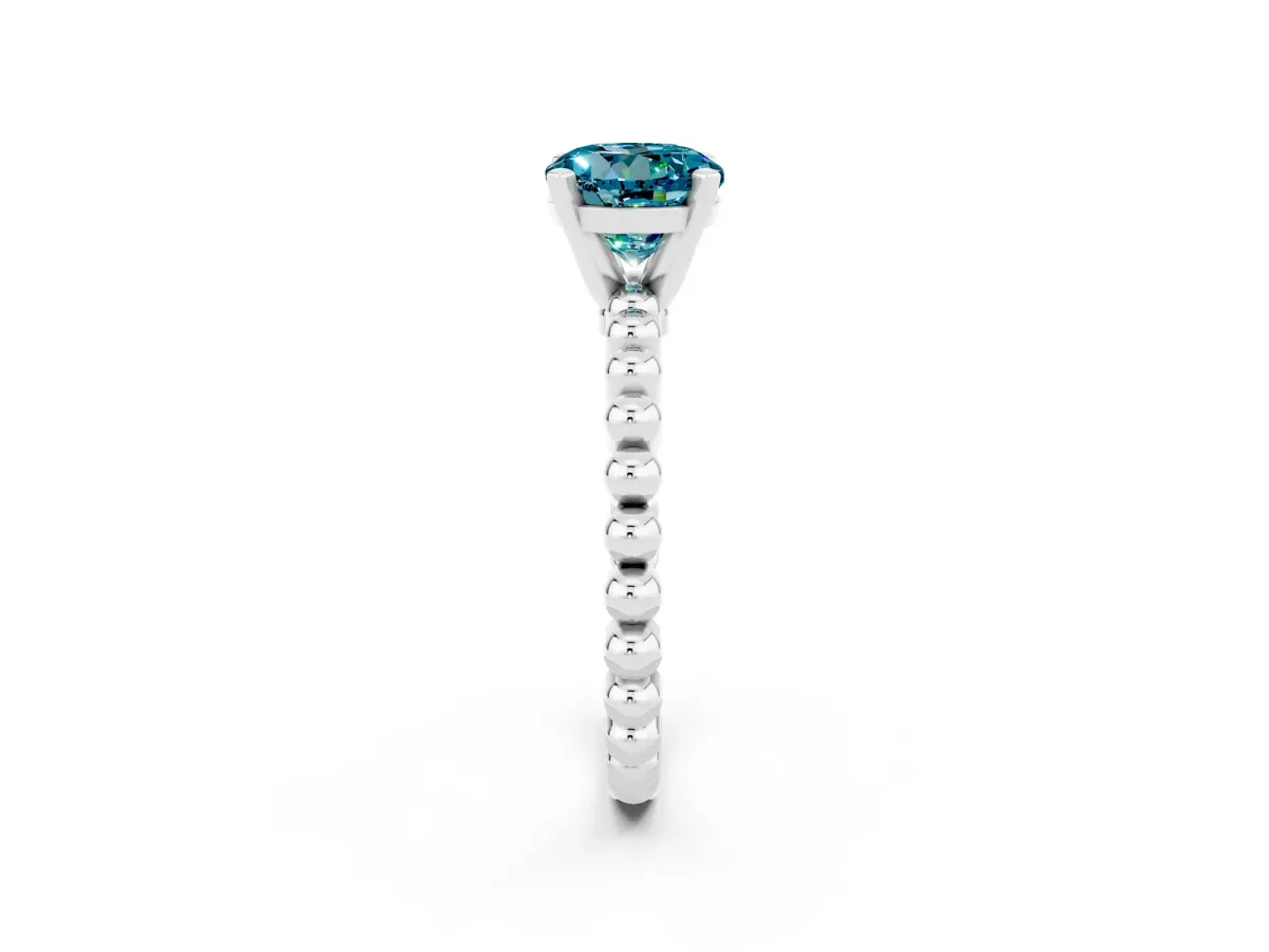 Round Cut Blue Topaz Solitaire Ring with Beaded Band and Prong Setting Silver