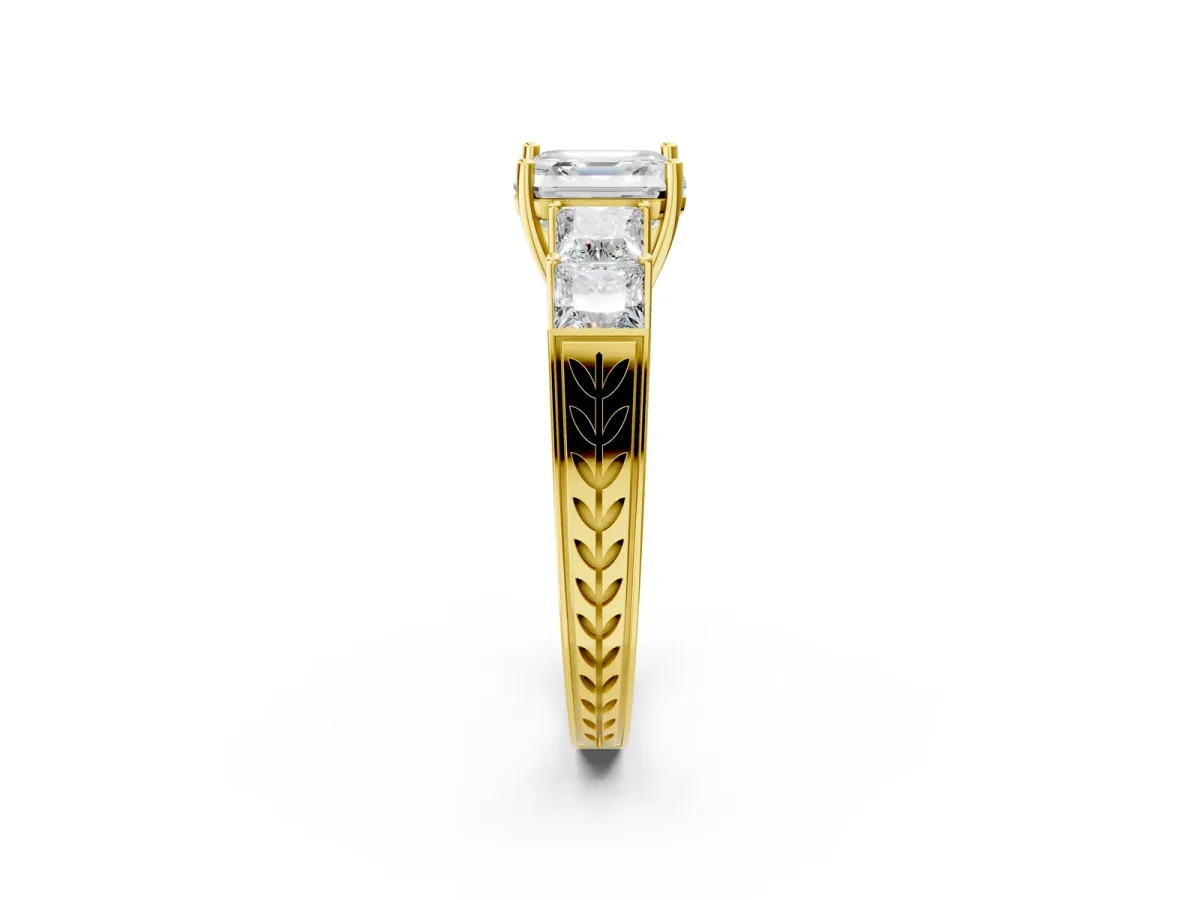 Asscher Cut Solitaire Princess Side Stone Engraved Band Prong Setting Ring Yellow gold