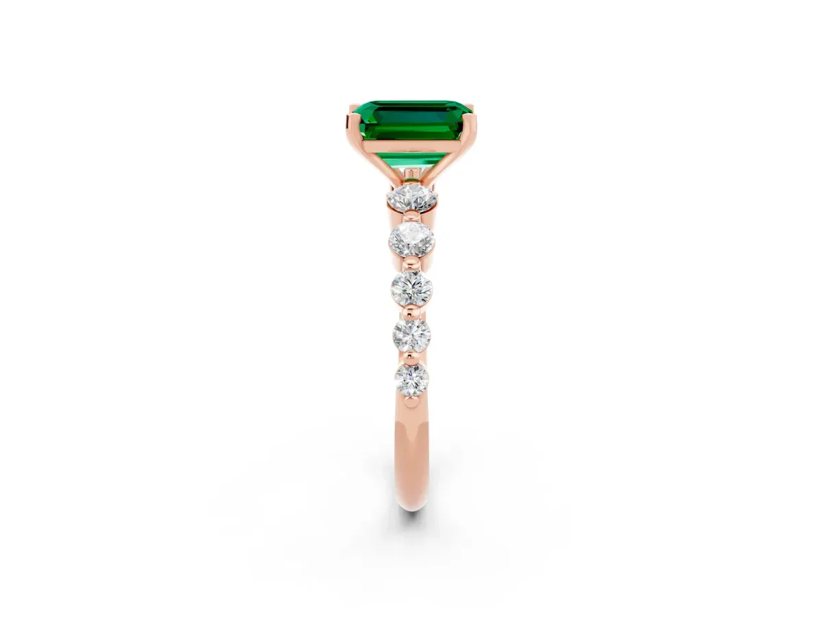 Emerald Cut Solitaire Emerald Ring with Pave Band and Four-Prong Setting Rose gold