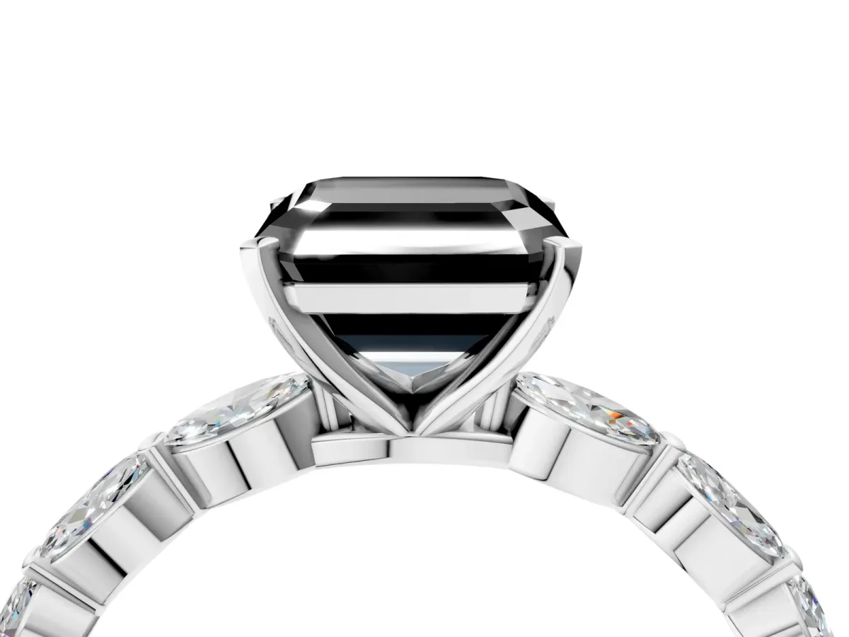 Fancy Black Asscher Cut Diamond Ring with Marquise Side Stones and Prong Setting Platinum