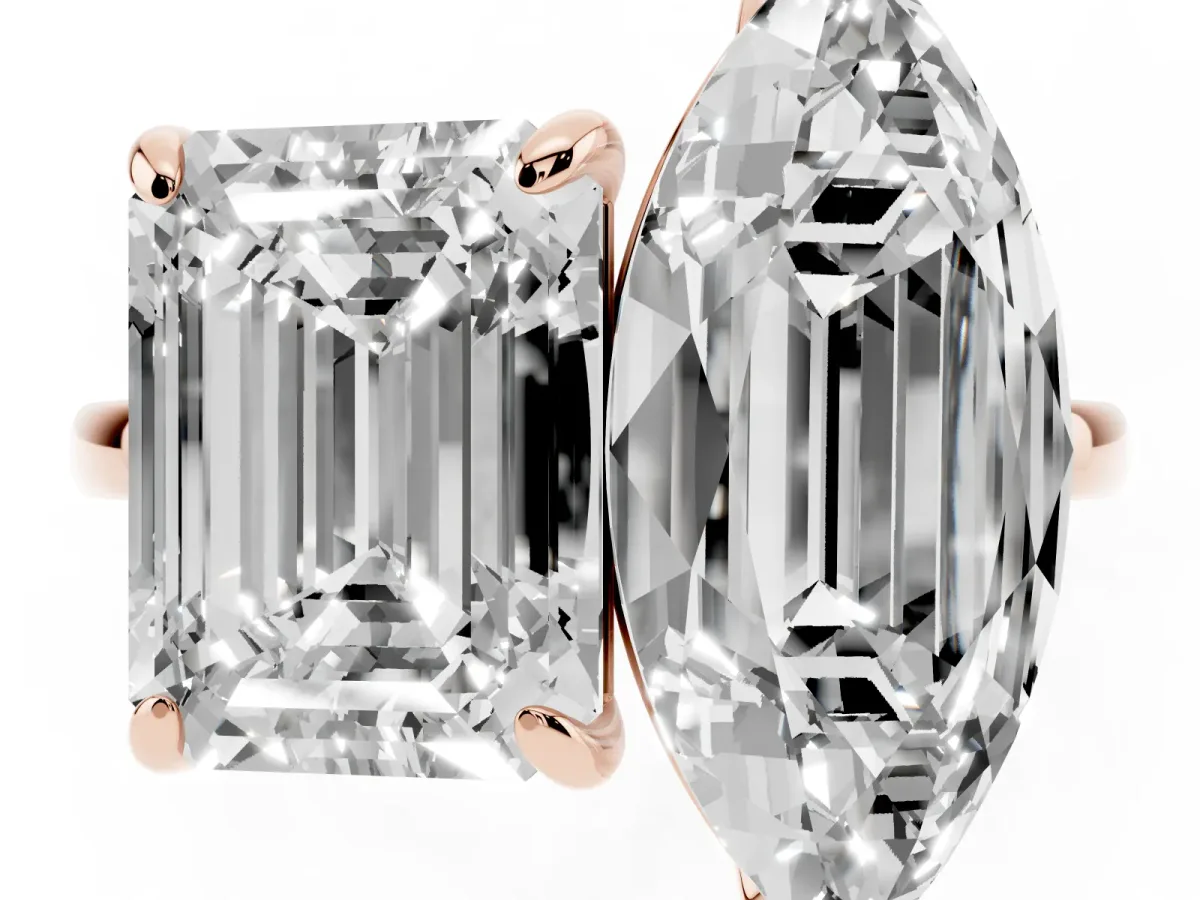 Emerald and Marquise Toi Moi Ring with Prong Setting and Plain Band Rose gold