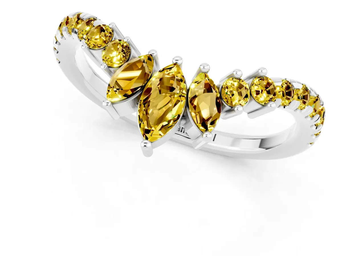 Chevron Marquise and Round Yellow Sapphire Open Band with Prong Setting Silver