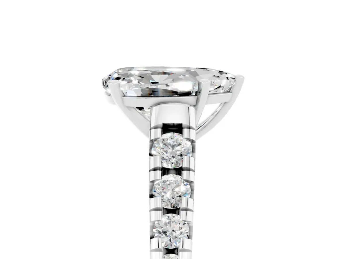 Pear Cut Moissanite Cathedral Solitaire Ring with Round Pavé Band Silver